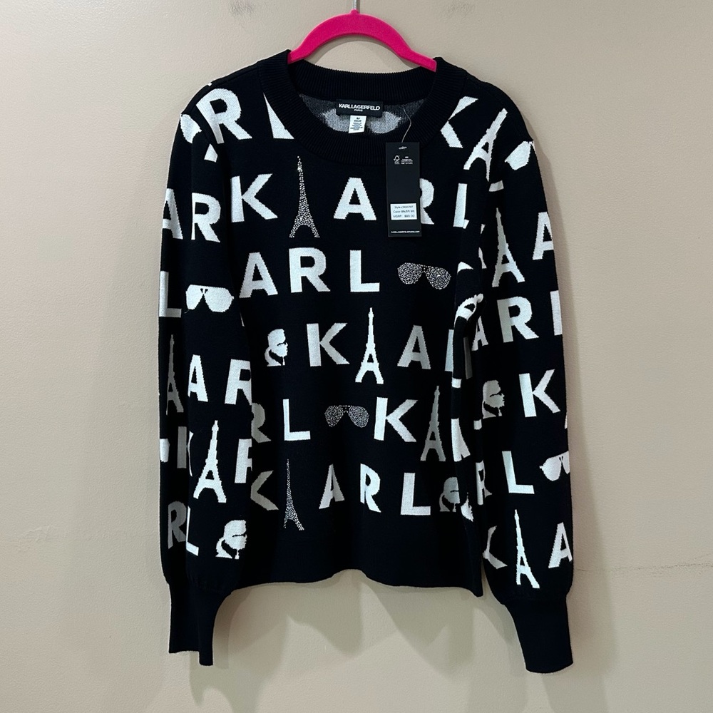 Karl Lagerfeld Paris Signature Logo Eiffel Tower Embellished Sweater Womens S